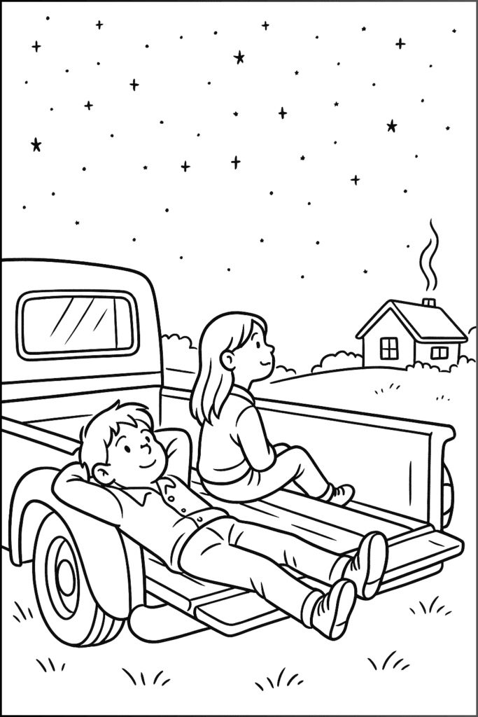 Nostalgic scene of two children stargazing from the back of a pickup truck—an illustration from a free short story for seniors online.

