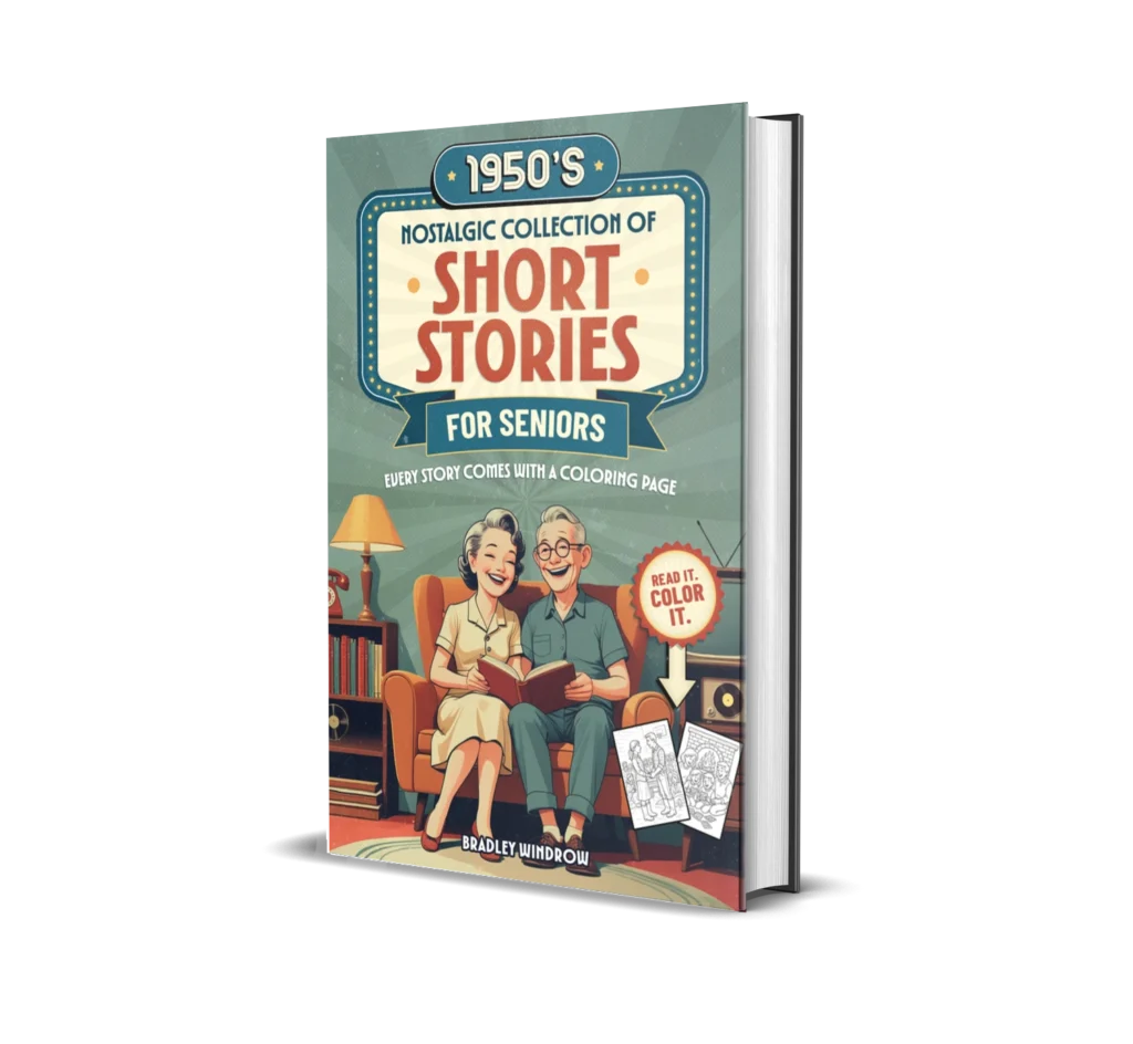 Book cover showing an elderly couple sitting on a retro orange sofa, smiling as they read together, with the title “1950’s Nostalgic Collection of Short Stories for Seniors” and a note that each story comes with a coloring page.