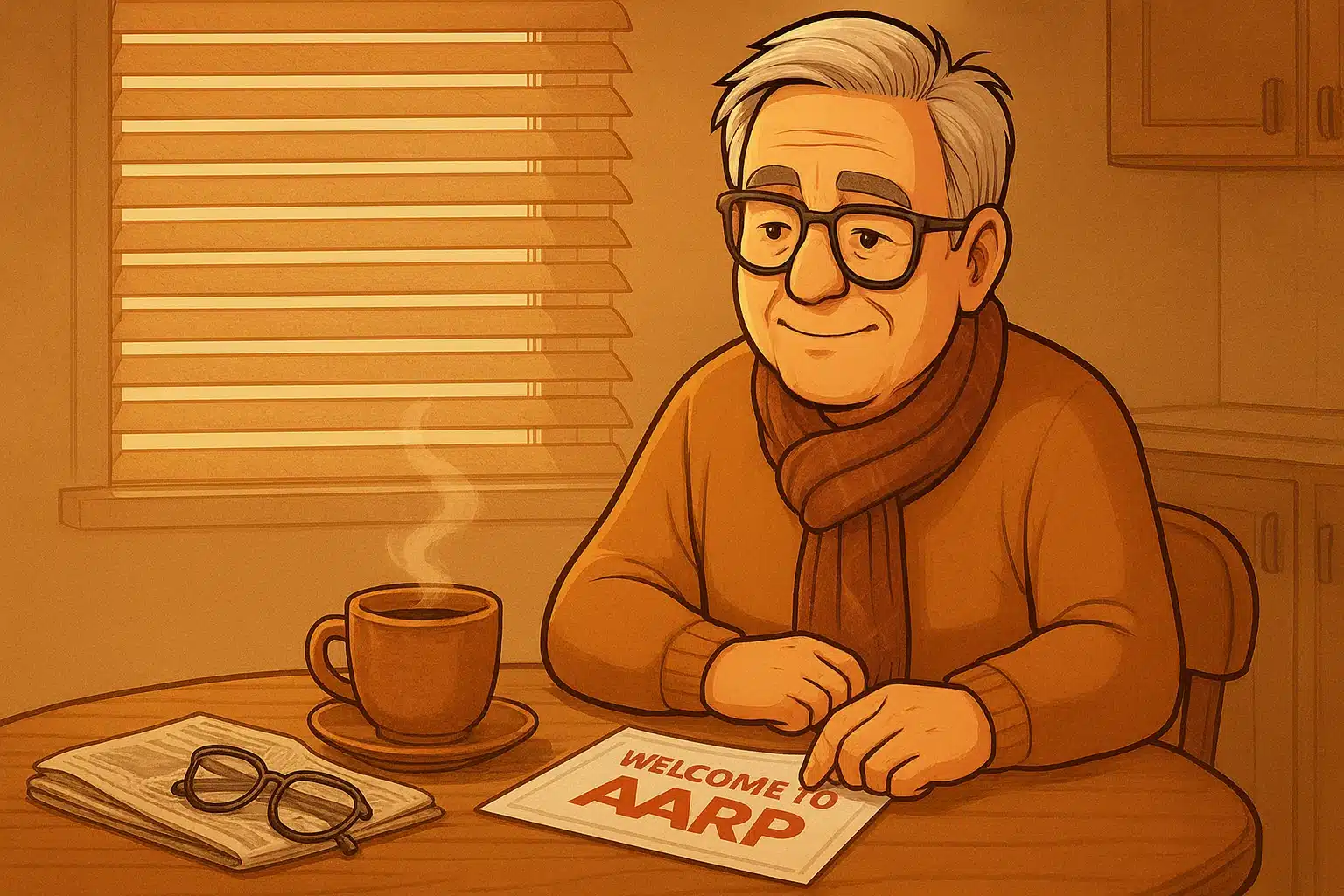 Senior man sitting at kitchen table with coffee and newspaper, smiling while reading a welcome to AARP letter.