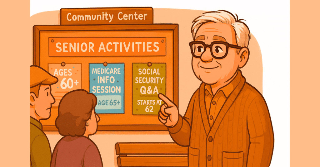 An illustrated senior man named Bradley stands in front of a community bulletin board filled with colorful flyers about retirement, Medicare, and senior discounts. Nearby, two other older adults examine the notices. The image visually represents different definitions of senior citizen age in the U.S., including ages 60, 62, and 65.