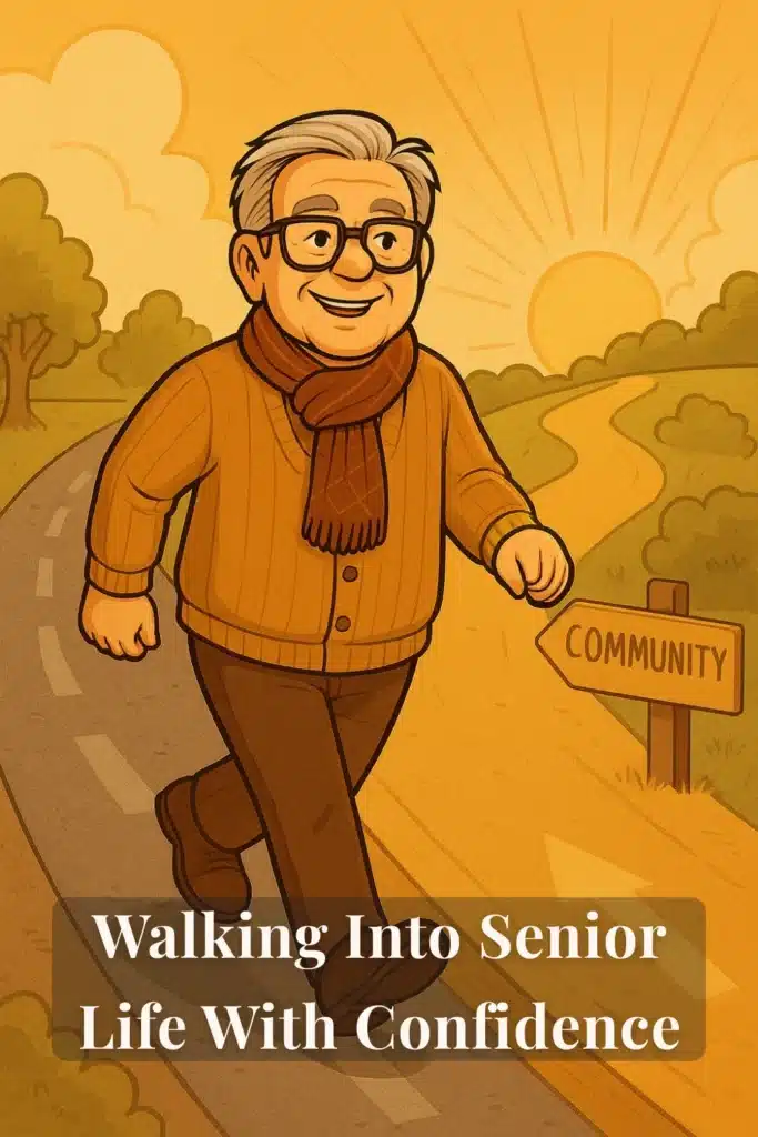 Elderly man in glasses walking happily down a sunny road toward a sign that says community, symbolizing senior life as a positive new journey.