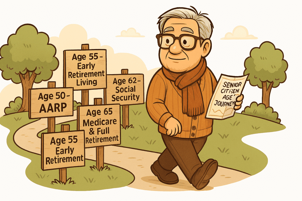 An illustrated elderly man named Bradley walks along a winding path marked with milestone signs for different ages—50, 55, 60, 62, and 65—each representing key stages in the journey toward senior citizen age. He holds a map titled “Senior Citizen Age Journey,” symbolizing how senior status unfolds gradually through various programs and benefits.