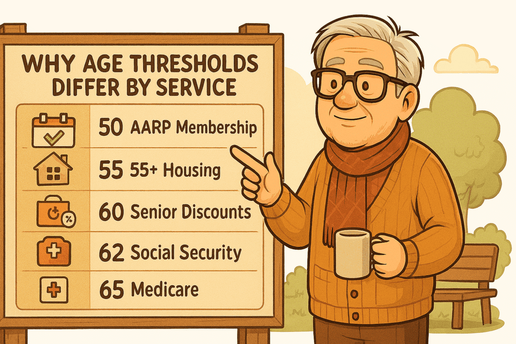 An illustrated elderly man named Bradley stands beside a large signboard showing different senior programs by age: 50 for AARP, 55 for housing, 60–65 for senior discounts, 62–67 for Social Security, and 65 for Medicare. The image explains why the senior citizen age varies by service and highlights how different benefits start at different stages.