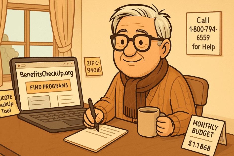 An illustrated senior man named Bradley sits at a desk using a laptop to check eligibility for senior citizen discounts and benefits. The screen shows the BenefitsCheckUp.org website, while notes nearby reference ZIP codes, budget tools, and a helpline number—highlighting how older adults can easily explore support options online or by phone.