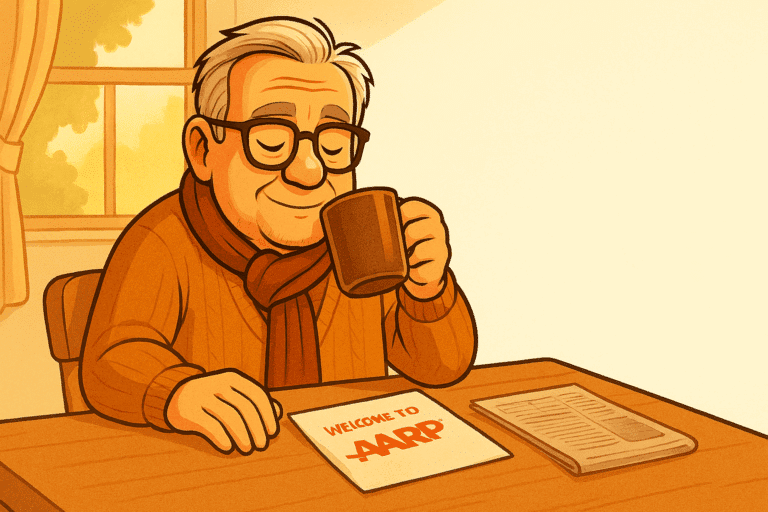 An illustrated senior man named Bradley sits at his kitchen table on a sunny morning, sipping black coffee while reading a letter that says “Welcome to AARP.” A newspaper and envelope lie beside him as he smiles thoughtfully, capturing the quiet moment of realizing he may now be considered a senior. The image reflects the question: how old is a senior citizen?