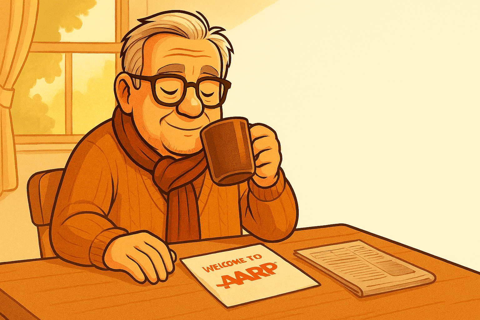 An illustrated senior man named Bradley sits at his kitchen table on a sunny morning, sipping black coffee while reading a letter that says “Welcome to AARP.” A newspaper and envelope lie beside him as he smiles thoughtfully, capturing the quiet moment of realizing he may now be considered a senior. The image reflects the question: how old is a senior citizen?
