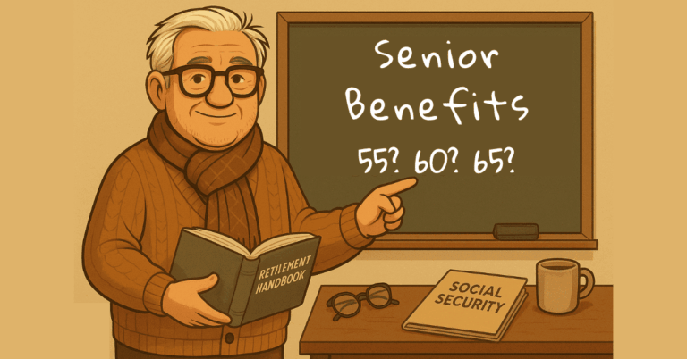Illustration of an elderly man pointing to a chalkboard with the question “Senior Benefits?” and the numbers 55, 60, and 65 written on it, referencing different senior citizen age thresholds. He holds a “Retirement Handbook” while standing beside a desk with a mug and Social Security folder, creating a warm and educational atmosphere.