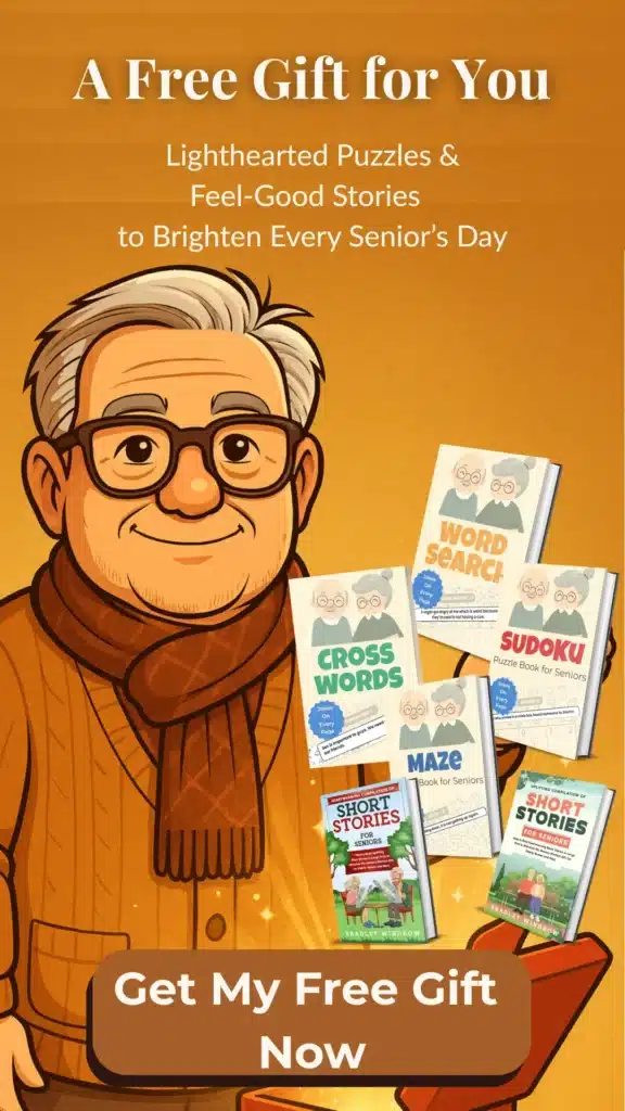 Cartoon illustration of Bradley, an elderly man with glasses, white hair, and an orange sweater, standing against a golden background and smiling while pointing toward an open red gift box with golden light. Several puzzle and short story books for seniors float above the box. Mobile vertical layout, 1080x1920 ratio, with space at the top for text.