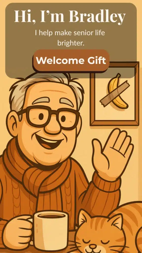 Vertical cartoon-style illustration of Bradley, a friendly elderly man with short white hair, glasses, and a burnt-orange sweater with a matching scarf, smiling and waving while holding a coffee mug at a wooden table. A relaxed orange tabby cat sleeps close beside him. Behind them, a framed artwork of a banana duct-taped to the wall is visible. Text above reads “Hi, I’m Bradley” with a call-to-action button labeled “Welcome Gift.”