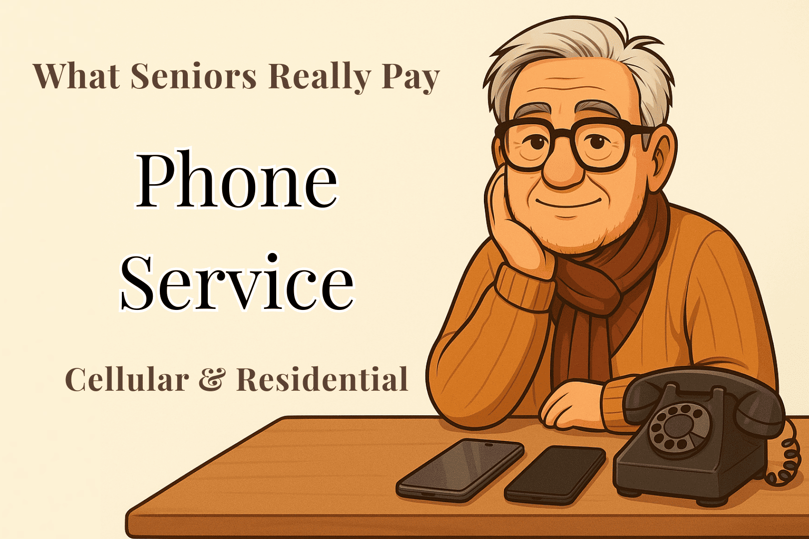 Illustration of an elderly man with glasses and a scarf sitting at a table with both modern smartphones and a vintage rotary phone. Text on the image reads: "What Seniors Really Pay – Phone Service, Cellular & Residential.