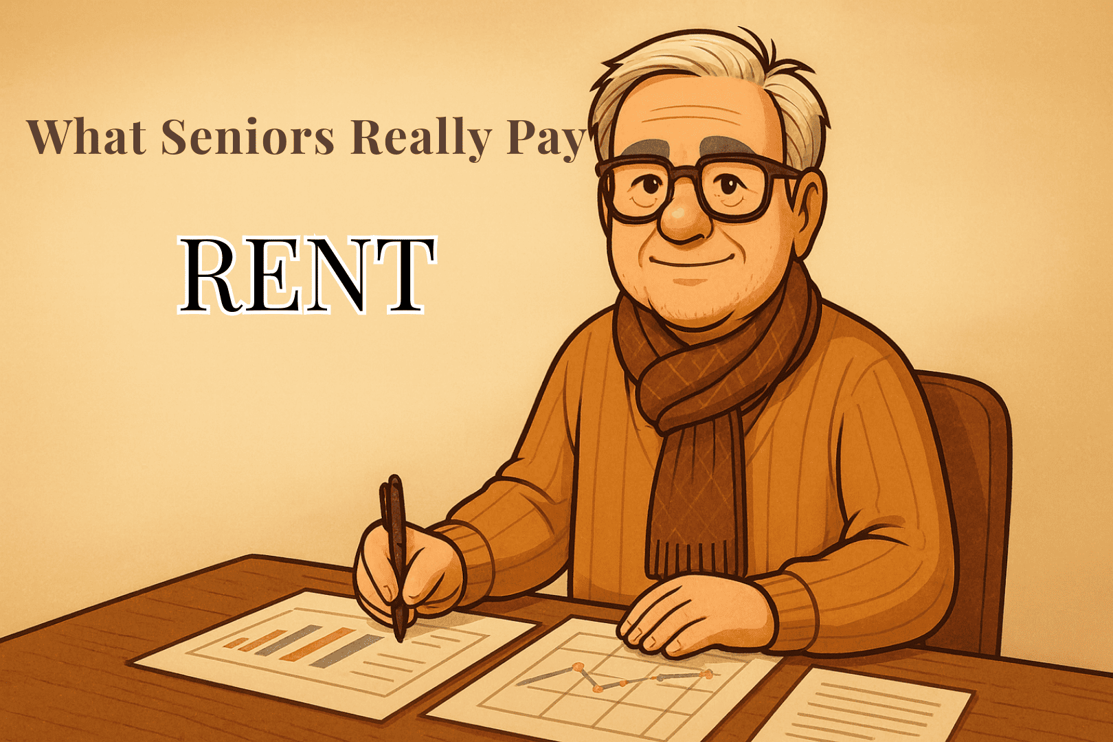 Illustration of a senior man in glasses and a scarf sitting at a desk with charts, representing an article titled ‘What Seniors Really Pay: Rent’.