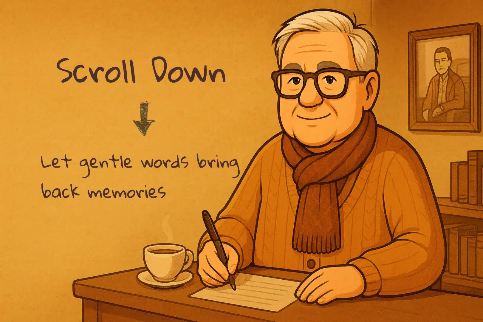 Warm illustration of an elderly man in glasses and a scarf writing at a desk with a cup of coffee, beside the text ‘Scroll Down – Let gentle words bring back memories’ and a hand-drawn downward arrow.