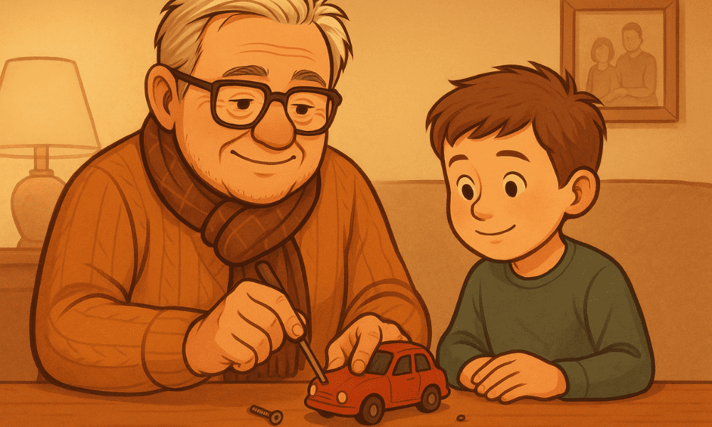 A gentle grandfather helps a young boy repair a small red toy car at a cozy table, showing the joy seniors feel when they’re needed.