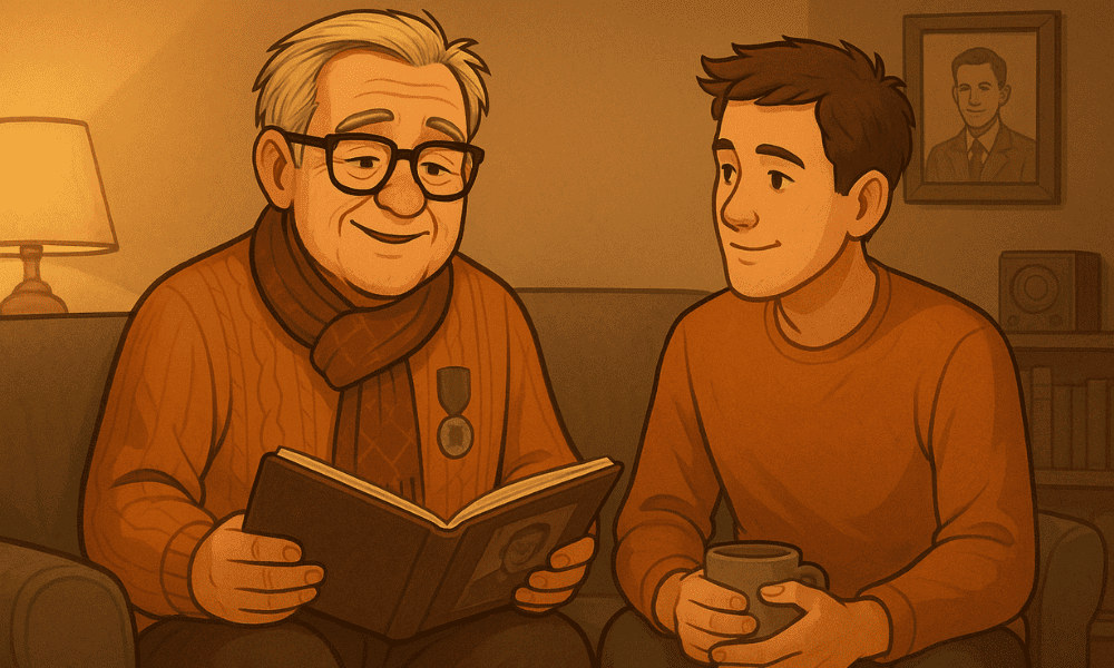 An elderly man sits with his adult son, smiling as they look through an old photo album together, sharing proud memories from the past.