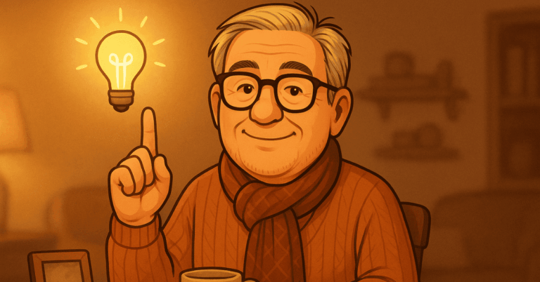 A cheerful elderly man lifts his right index finger toward a glowing yellow light bulb, smiling warmly as if a new idea just came to him in a cozy, softly lit room.