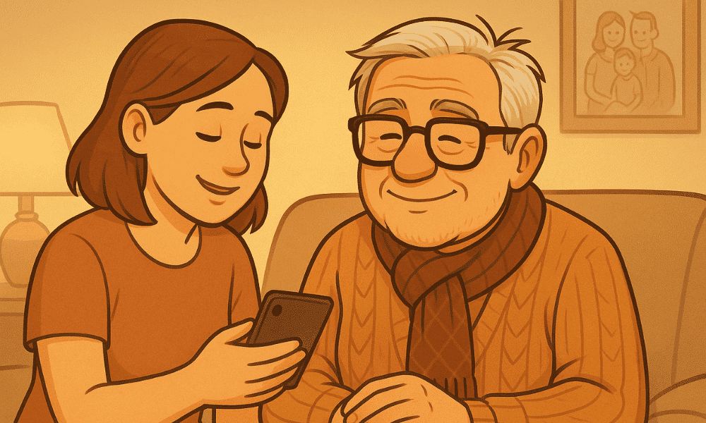 A warm scene of a grandfather sitting beside his adult child on a sofa, enjoying quiet company that reminds him he still matters.