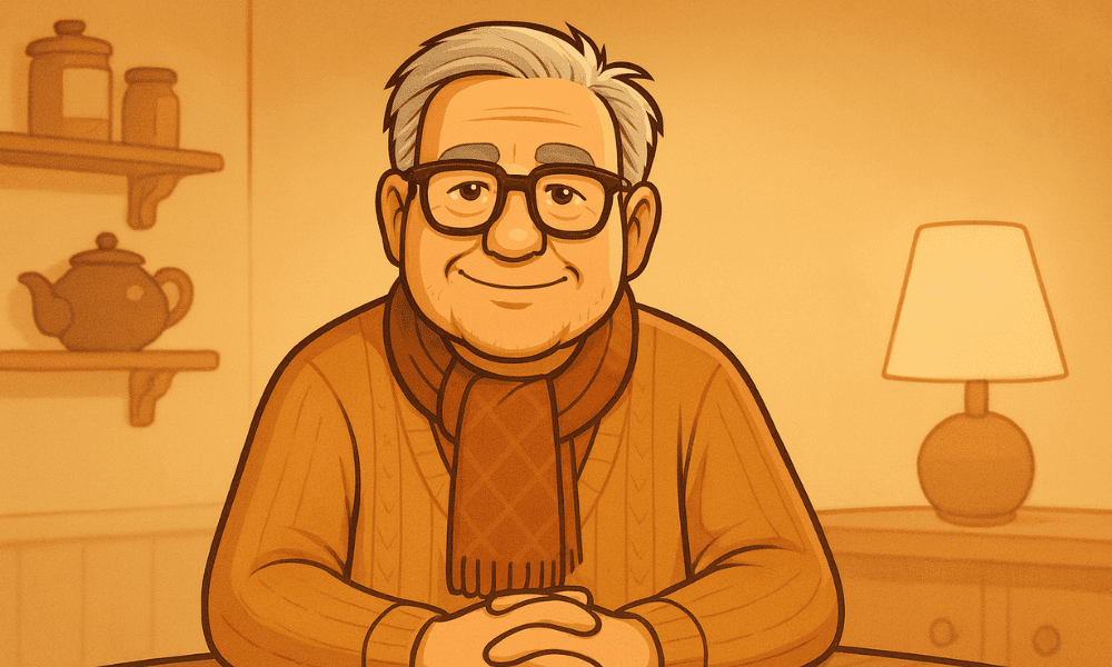 A friendly elderly man sits at a warm, cozy kitchen table with a gentle smile, capturing the comfort and calm many seniors truly want.