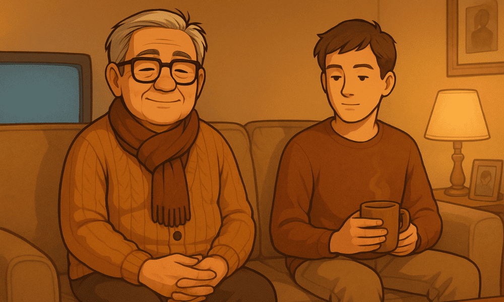 A peaceful moment of a grandfather sitting with his adult child in a living room, quietly enjoying each other’s presence with the TV softly glowing.